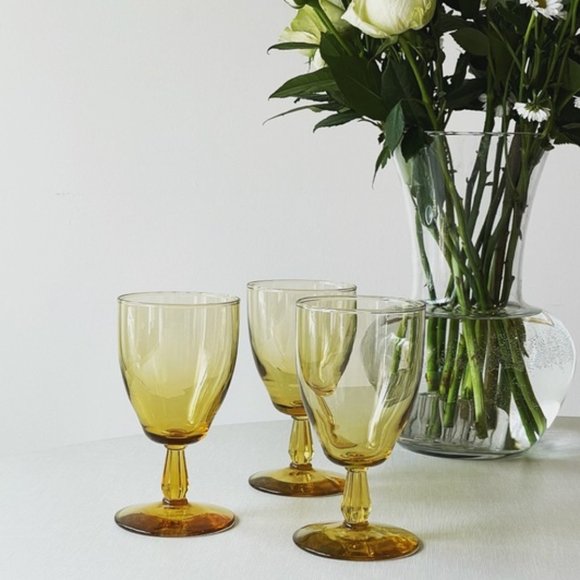 Vintage Amber Glass Stemmed Goblet Set